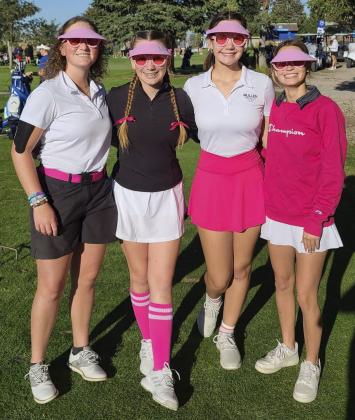 When you compete in a golf meet during Homecoming week, that doesn’t stop you from dressing up! The girls golf team, l-r: Corynn Corbin, Hope Miller, Ashlyn Simonson and Brooke Williams on Barbie day. Gini Corbin