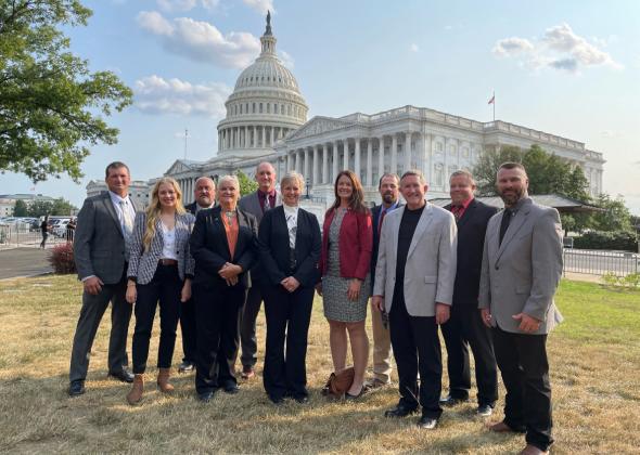 Farmer and rancher members of Nebraska Farm Bureau attended the 2023 Advocacy Fly-In June 12-14. Pictured front, l-r: Hannah Borg, Dixon County; Krista Podany, Holt County; Dawn Kucera, Madison County; Bree DeNaeyer, Cherry County; Jim Stewart, Lancaster County and Adam Boeckenhauser, Dixon County. Back: Jason Perdue, York County; Vance Tonack, Douglas County; Tim Lorenz, Sarpy County; Nick Landenburger, Hitchcock County; and Ben Deerson, Saunders County. courtesy photo