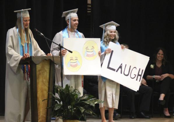 There were plenty of moments to “laugh” as Samantha Moore shared stories of her class over their years at Mullen Public Schools. Brendon Walker and Isabel Williams assisted her. Gerri Peterson
