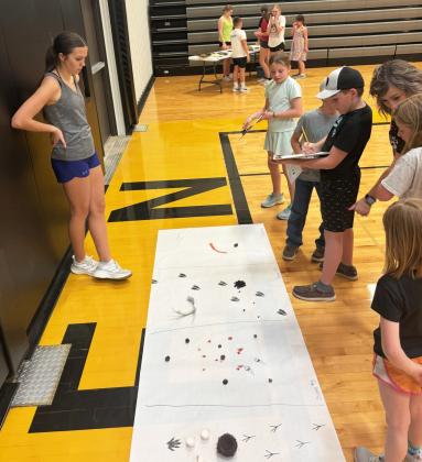 Sophomore Ady Hampton mans the station where students had to look at tracks and clues to determine what animals had been there.