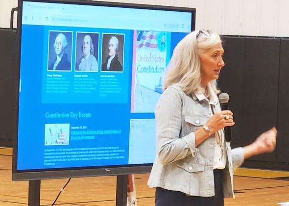 Nebraska State Senator for District 43, Tanya Storer, spoke to the students in grades 6-12 last Wednesday, Sept. 17 on Constitution Day. Constitution Day celebrates the signing of the United States Constitution by the Founding Fathers on Sept. 17, 1787. MHS students also received pocket Constitutions to take home. Trisha Vest