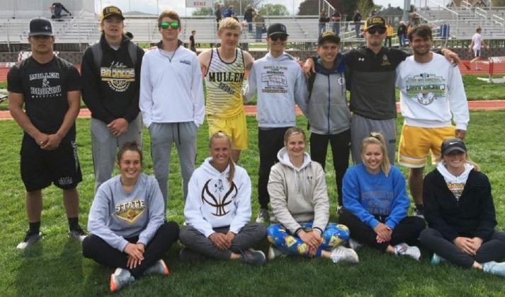 State Track qualifiers, back l-r: Spencer DeNaeyer, Jaden Emerson, Chase Gracey, Clayton Moore, Hayden Jennings, Trevor Kuncl, Bryce McIntosh, Samuel Coble. Front: Callie Coble, Brooke McCully, Samantha Moore, Taylor Svoboda, Lindey Coble. Jennifer Moore