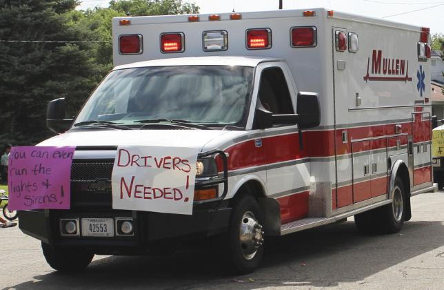 The Mullen EMS 2-wheel drive ambulance in the 2022 Hooker County Fair parade. The truck/chasis was replaced in 2011, but the 1996 box on the back no longer meets current safety standards. Funding is being raised for a new 4-wheel drive ambulance. Tribune file photo