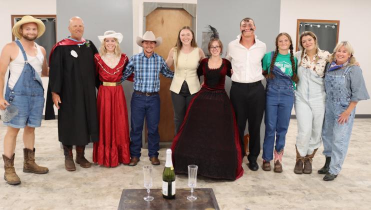 The Hooker County Community Center was full for the Melodrama performance Tuesday evening, July 28. Cast members are pictured l-r: Ty Kvanvig, Mitch Pfeiffer, Wynn Micheel, Luke Peters, Kyler Horn - Director, Malia Oltmer, Tate Kvanvig, Ava Kvanvig, Medora DeNaeyer, Kim Cooley. A free will donation was taken at the event to help raise funds to replace the Lariat stage curtains and for equipment such as spotlights for future performances. Gerri Peterson
