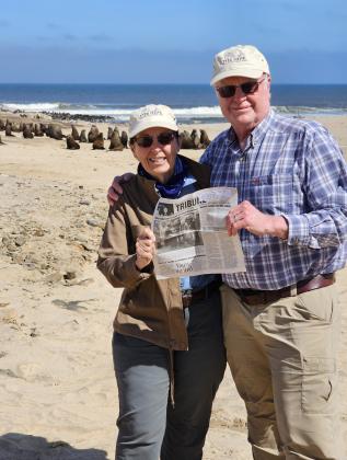 Norm and Deb McCaslin took the Tribune with them to Namibia. This photo was taken April 9, 2024, in the Namib Desert on the Atlantic Coast of Namibia. Deb said the presence of seals and whales caught them off guard!
