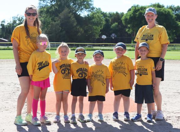 Mullen t-ball team, pictured back l-r: Coach Lauren Cheney, Harper Barnes, Jordyn Cheney, Burke Mundorf, Ruby Kraye, Libby Kraye, Arthur Polt, Coach Jessica Polt. Not pictured: Violet and Aiden Stichka, Chasin and Ady McIntosh, Henry Svoboda, Ellianna and Brynn Hanks. Gerri Peterson