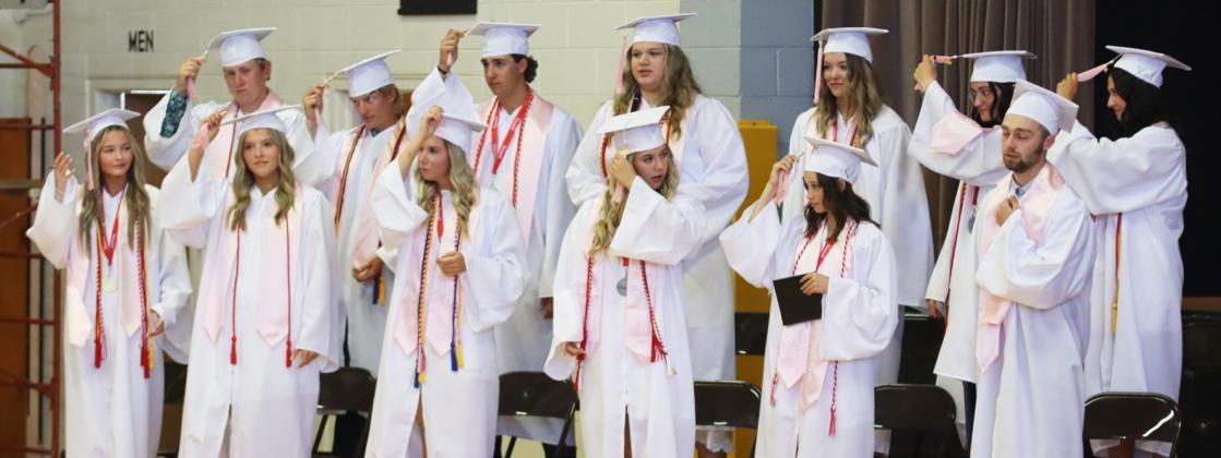 The class of 2025 moves their tassles as they become graduates of Mullen High School last Saturday. Pictured back, l-r: Corben Kissire, Justin French, Jarren Forsen, Mia Flores-Green, Medora DeNaeyer, Fayth Brown, Allie Boyer. Front: Margaret Haesler, Isabell Hoyt, Peyton Paxton, Keragan Welch, Brooke Williams, Jacob Wingebach. Gerri Peterson