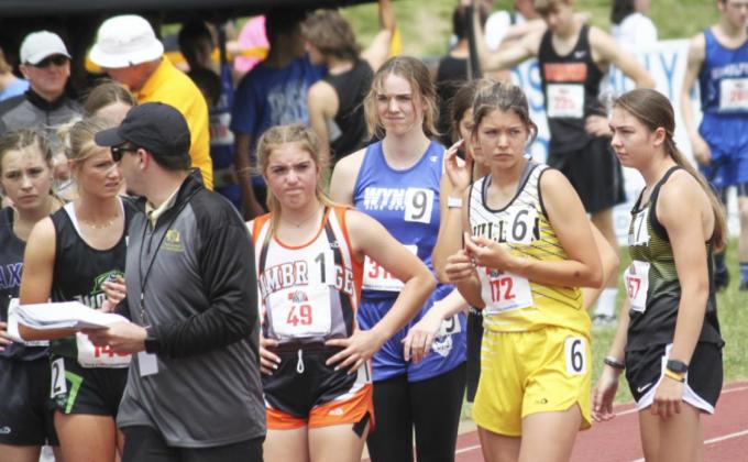 Medora DeNaeyer waits for her leg of the 4x800 relay at State Track on Friday. Jill Coble