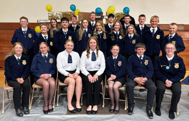 Mullen FFA members attending the year-end banquet are pictured back, l-r: Abby Gracey, Hayden Morrison, Jackson Vinton, Cian Connealy, Cort Cox, Hayden Deibler. Middle: Oakes Miller, Cody Walker, Nick Gonzalez, Breckyn Burney, Kaisley Phipps, Hope Miller, Olivia Cox, Teal Peterson, Weston Ourada. Front: Chloe Wiese, Kendall Vinton, Hayley Donohoe, Morgan Hassett, Audrabell Werth, Colin Connealy, Kassidy Cheever. Gerri Peterson