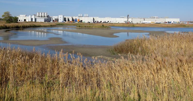 This image shows the full length of the massive Sustainable Beef plant’s south side, running from west to east. Once operational, the plant is expected to process 1,500 head of cattle, hauled in on 45 semi-trucks, each day. That’s roughly 1.5% of the nation’s fat cattle, says the company CEO. Lori Potter for the Flatwater Free Press