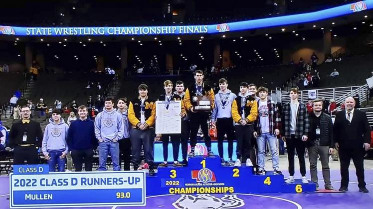 Class D State Wrestling Runners-up, pictured l-r: Assistant Coach Bo Pettit, Student Manager Jaylon Forsen, Student Manager Tate Kvanvig, Spencer DeNaeyer, Jarren Forsen, Isaac Welch, Eli Paxton, Owen Thorberg, Sean Simonson, Kyle Durfee, Jeffery Forsen, Tel Kvanvig, Andrew Harvey, Chase Gracey, Assistant Coach Ty Kvanvig, Head Coach Russ Monette. courtesy photo