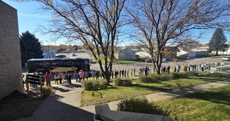 With shouts of “Gooooo Biiiiig Black!” the Mullen Elementary students cheered for the Lady Broncos last Wednesday morning as they drove by on their way out of town headed to the State Volleyball Tournament in Lincoln. The Lady Broncos were defeated by Cambridge, check out the sports story for full stats. Katie Crisp