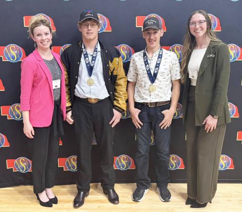 Unified Duet Champions Daniel Wright and Hunter Brown pictured with MHS speech coaches Wynn Cannon (left) and Kyler Horn. Carolee Brown