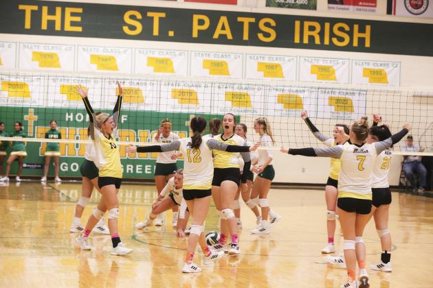 The Lady Broncos celebrate a point last Tuesday at North Platte St. Pats, l-r: Tierston Moore, Allie Boyer, Jadyn Andersen, Izzy Hoyt, Lauren Schoonveld, Bella Brown. Megan Andersen