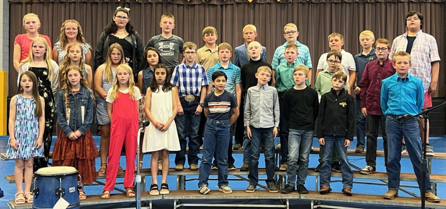 4th grade &amp; 5th grade, back, l-r: Hadley Marsh, Jocelyn Oliveira, Pandora Gray, Hayden Deibler, Bronx Burney, Teal Peterson, Collin Donohoe, Carson Hegland, Weston Ourada, Hunter Gray. Middle: Ava Walz, Kendall Phipps, Bella Coetzee, Luciana Gonzalez, Cylas Dent, Jackson Newman, Jedd Kraus, Duke Miller, Samuel Hessin, Cooper Cash, Keira Kearns, Olivia Cox, Ayden Lee, Mia Roman, Lorenzo Gonzalez, Kyler Marsh, Gus Wingebach, Jaxyn Evans, Caleb Deibler.