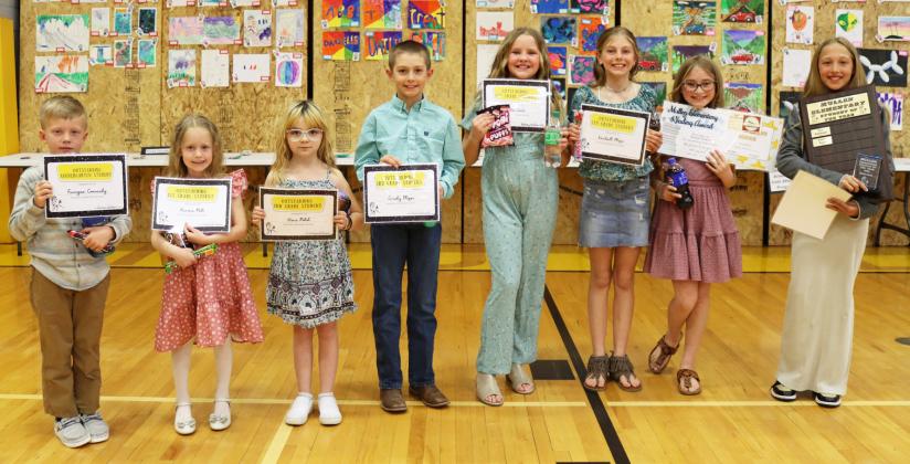 Elementary award recipients, l-r: Finnegan Connealy, Aurora Polt, Nora Pohot, Grady Phipps, Ella Walz, Kendall Phipps, Avery Vinton, Emri Dent. Gerri Peterson