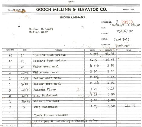 In the basement of the Rustic, Licking found boxes and boxes full of invoices, order requests and more from Dutton’s Store. This invoice is dated Oct. 28, 1949, when they were receiving items on the train from Lincoln to Mullen.