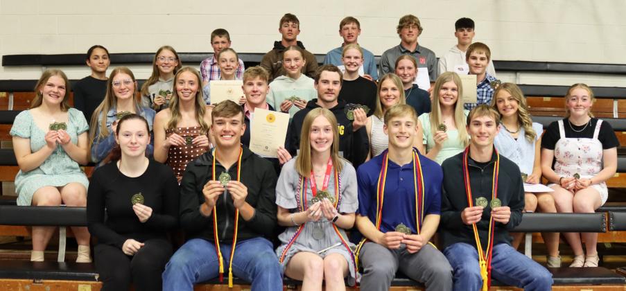 Outstanding Students, back, l-r: Cylas Dent, Cooper Walker, Jackson Vinton, Daniel Wright, Cian Connealy. 3rd row: Luciana Gonzalez, Chloe Wiese, Kendall Phipps, Parker Vinton, Ava Walz, Kendall Vinton, Justin Kraus. 2nd row: Maci Walz, Lola Wingebach, Harper Andersen, Brandon Hardin, Jason Kraus, Brynne McCully, Chloe Newman, Kaisley Phipps, Kassidy Cheever. Front: Trinity Marks, Jacob Walker, Sydnee Cheever, Alex Werner, Cayden Hampton. Gerri Peterson