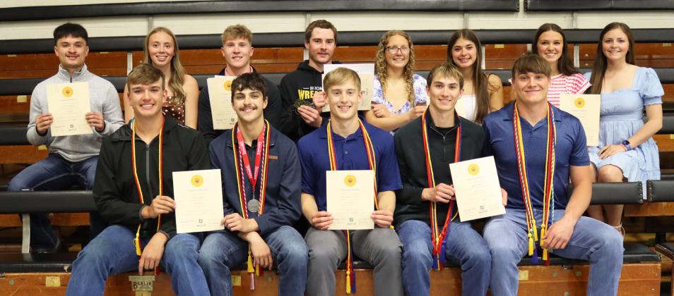 Spanish Honor Society members, back l-r: Nick Gonzalez, Harper Andersen, Brandon Hardin, Jason Kraus, Riley Hegland, Ella Rice, Ady Hampton, Kalli Licking. Front: Jacob Walker, Jaylon Forsen, Alex Werner, Cayden Hampton, Tate Kvanvig. Not pictured: Hope Miller, Daniel Wright.
