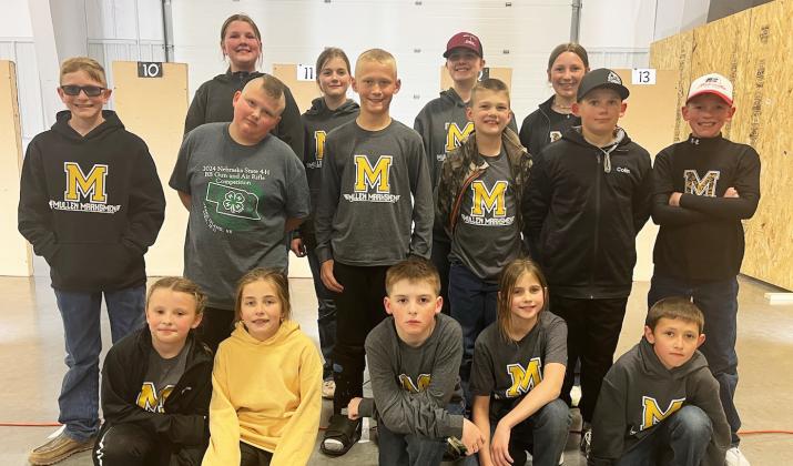 Mullen Marksmen competing at State, back l-r: Hannah O’Brien, Adelyn O’Brien, Jessa O’Brien, Hope Miller. Middle: Oakes Miller, Staylor Bain, Teal Peterson, Ransom O’Brien, Colin Connealy, Duke Miller. Front: Sadie Hoyt, Lillian Ericksen, Zach Hicks, Rainne O’Brien, Marcus Lattin.