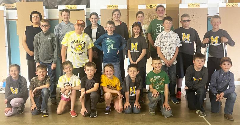 Mullen Marksmen at their county fair shoot, back l-r: Hunter Gray, Hayden Morrison, Hope Miller, Jessa O’Brien, Adelyn O’Brien, Hannah O’Brien, Collin Donohoe, Teal Peterson. Middle: Oakes Miller, Staylor Bain, Duke Miller, Rainne O’Brien, Brandt Mundorf. Front: Lillian Ericksen, Cooper Phillips, Finley Mundorf, Tripp Jewell, Sadie Hoyt, Marcus Lattin, Ransom O’Brien, Zach Hicks, Holt Morrison. Gerri Peterson
