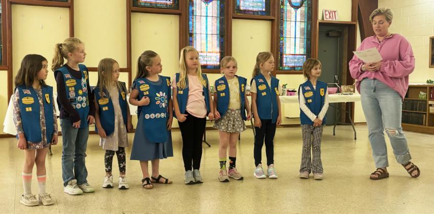 The annual Girl Scout Mother/Daughter Salad Supper was held at the Methodist Church last Monday, April 14. The Daisy Girl Scouts are pictured l-r: Addison Mundorf, Anna Ridenour, Aurora Polt, Kinley Crisp, Harper Myers, Ryann Walz, Brystol Call and Ryhme Pettit with leader Emily Brown. Gerri Peterson