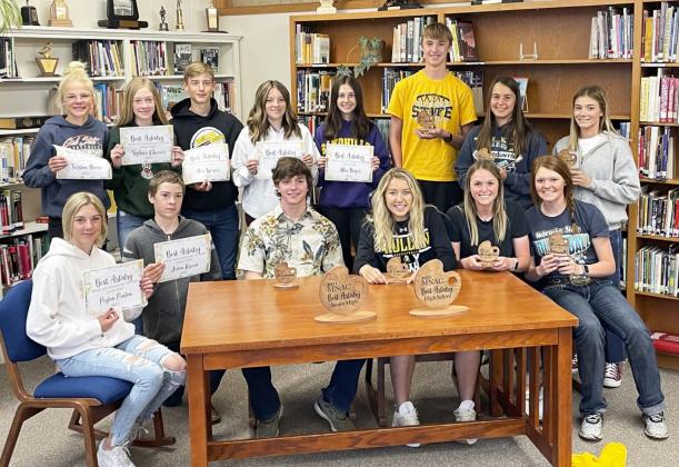 MNAC All Conference honorees, back l-r: Tierston Moore, Sydnee Cheever, Alex Werner, Izzy Hoyt, Allie Boyer, Alex Moore, Callie Coble, Josey French. Front: Peyton Paxton, Jason Kraus, Ty Durfee, Taylor Svoboda, Lindey Coble, Kylie Licking. Kyle Hoyt