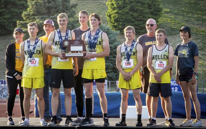 Boys State Track Runners-up, pictured l-r: Coach Sarah Hardin, Alex Werner, Coach Lance Moore, Clayton Moore, Alex Moore, Chase Gracey, Justin French, Coach Russ Monette, Kyle Finney, Coach Harlee Fischer.