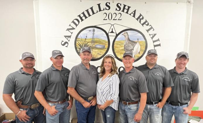 Sandhills Sharptail Shootout committee members, l-r: Ethan Kearns, Zack Cox, Mike Baum, Jennifer Peters, Dane Peterson, Wade Marsh, Shane Young. Not pictured: JW Schmid.
