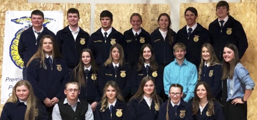 FFA members, back l-r: Owen Thorberg, Luke Durfee, Spencer DeNaeyer, Alli Loughran, Jordyn McDowell, Sean Simonson, Jaden Emerson. Middle: Mia Flores-Green, Maggie Haesler, Medora DeNaeyer, Allie Boyer, Justin French, Whitney Jennings, Advisor Jaylynn Ravenscroft. Front: Hayley Donohoe, Daniel Wright, Ady Hampton, Georgia Wingebach, Hope Miller, Kalli Licking. courtesy photo