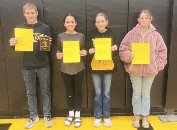 The Hooker County Spelling Bee was held last Wednesday, Feb. 4. The 5th-8th graders competed at the Hilltop Gym. Pictured are those winners, l-r: 8th grade - Justin Kraus and Overall Champion, 7th grade - Luciana Gonzalez, 6th grade - Parker Vinton and Overall Runner-up, 5th grade - Taylor Cash. Brett Mauler