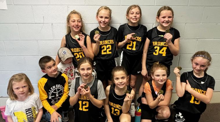 3rd/4th grade girls champs, defeating Medicine Valley twice and Cozad, back l-r: Emri (and Brek) Dent, Ayden Lee, Kendall Phipps, Ava Walz. Front: Meyer Vinton, Tru Mundorf, Lillian Ericksen, Abbigail Mundorf, Elle Gracey, Avery Vinton. Katie Dent