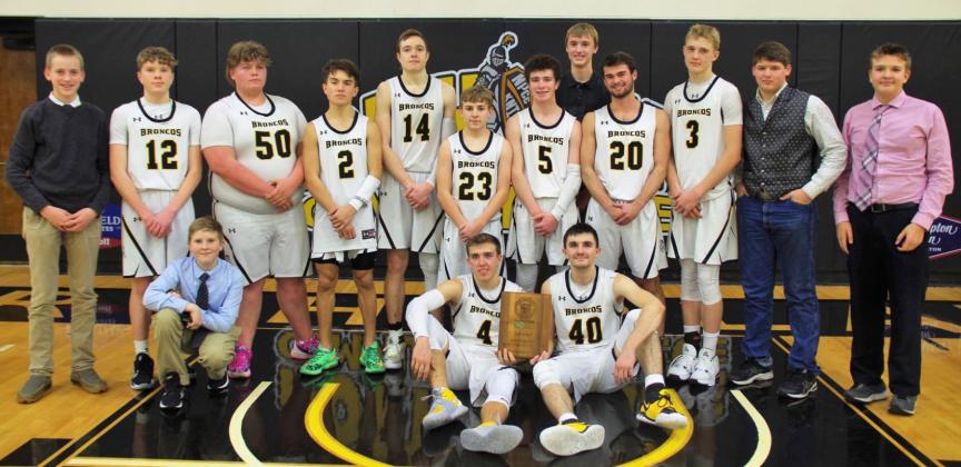 MNAC Boys Basketball Champions, back l-r: Student Manager Kaleb Moore, Ethan Hardin, Cade Groseth, Trevor Kuncl, Jaden Emerson, Kyle Finney, Luke Durfee, Alex Moore, Samuel Coble, Clayton Moore, Deacon DeNaeyer, Student Manager Jacob Walker. Front: Student Manager Brandon Hardin, Brendon Walker, Bryce McIntosh. Turn to page 6 for the full tournament story. Barb McIntosh