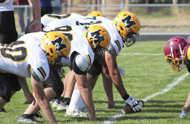 The Broncos’ offensive line in action last Friday - l-r: James Kessler, Tel Kvanvig, Deacon De-Naeyer, Isaac Welch and Ethan Hardin. Mercedes Garner