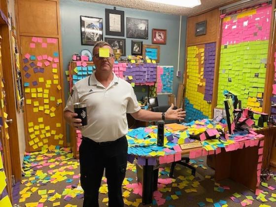 They may not have been at school anymore on May 1, but the seniors left quite the surprise for MHS Principal Mr. Kvanvig when he arrived! His office was covered in 6,000 sticky notes!