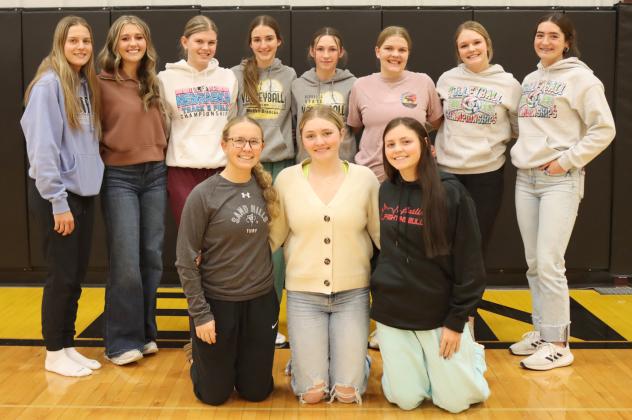 Girls basketball, back, l-r: Brynne McCully, Austin Deibler, Chloe Newman, Abby Gracey, Breckyn Burney, Maci Walz, Emerson Thorberg, Jenna Donohoe. Front: Riley Hegland, Hayley Donohoe, Kalli Licking. Gerri Peterson