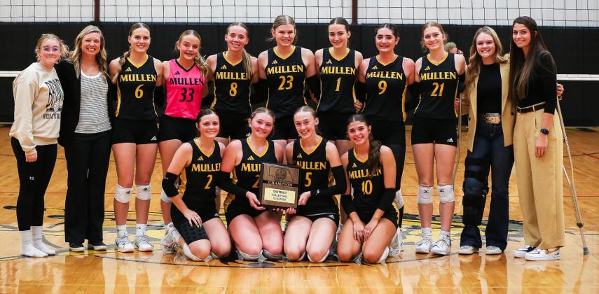 District Champions and State Volleyball qualifying team, back l-r: Kassidy Cheever, Head Coach Nichole Ourada, Brynne McCully, Kaisley Phipps, Harper Andersen, Chloe Newman, Abigail Gracey, Jenna Donohoe, Lola Wingebach, Emerson Thorberg, Assistant Coach Calli Edis. Front: Kalli Licking, Hayley Donohoe, Sydnee Cheever, Ella Rice. Megan Andersen