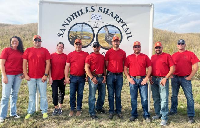 The Sandhills Sharptail Shootout committee preps nearly all year for the event, pictured l-r: Shauna Donohoe - Treasurer, Wade Marsh, Emily McIntosh - Secretary, Brandon Boyer, Ethan Kearns, William Casey - President, Shane Carr, JW Schmid, Tim Andersen. Dane Peterson