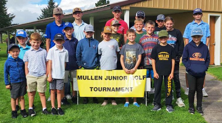 Mullen Junior Golf Tournament participants, back l-r: Karter Phillips, Jackson Phillips, Cort Cox, Collin Donohoe, Colin Connealy, Landon Shepherd. Front: Johnny Phillips, Tate Phillips, Clay Cribelli, Jepson Boyer, Cooper Phillips, Tripp Jewell, Aislynn Connealy, Kyler Marsh, Logan Van Dyk, Carson Hegland, Luke Cox, Trent Cox, Olivia Cox, Brogan Jewell. Deb Cox
