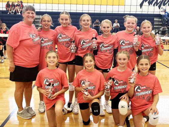 The Mullen 5th/6th grade volleyball team won the Paxton tournament last Saturday, Oct. 11. Pictured back, l-r: Coach Barb McIntosh, Emri Dent, Parker Vinton, Kendall Phipps, Ayden Lee, Ella Walz, Elle Gracey. Front: Clara Seeley, Lillian Ericksen, Avery Vinton, Abbigail Mundorf.