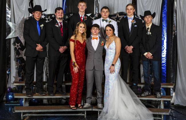 MHS juniors at Prom, back l-r: Deacon DeNaeyer, Tel Kvanvig, Alex Moore, Isaac Welch, Clayton Moore, Eli Paxton. Front: Whitney Jennings, Jeffery Forsen, Izabella Brown.