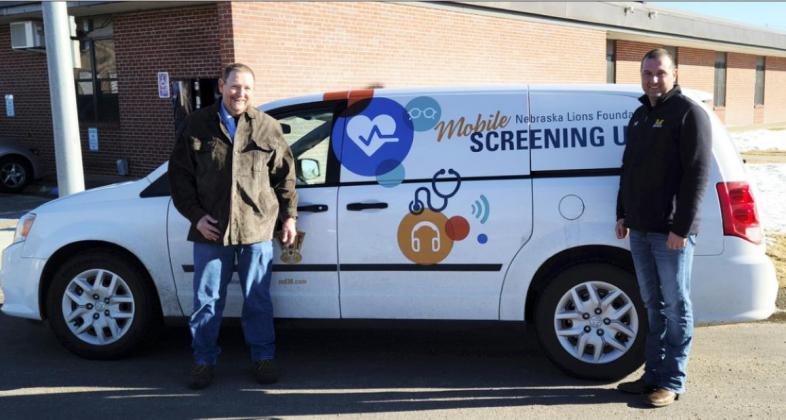 Steve Steward (left), Mobile Screening Unit driver, and Ryan Ridenour, Mullen Lions Club member, assisted with the screenings along with other local members including Dawn Mallory and Shelby Ridenour, as well as Bri Moore, school nurse. Shelby Ridenour
