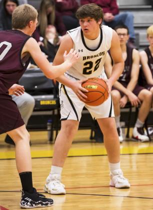 Deacon DeNaeyer on the court during the Broncos’ basketball game against Twin Loup last week. Megan Andersen