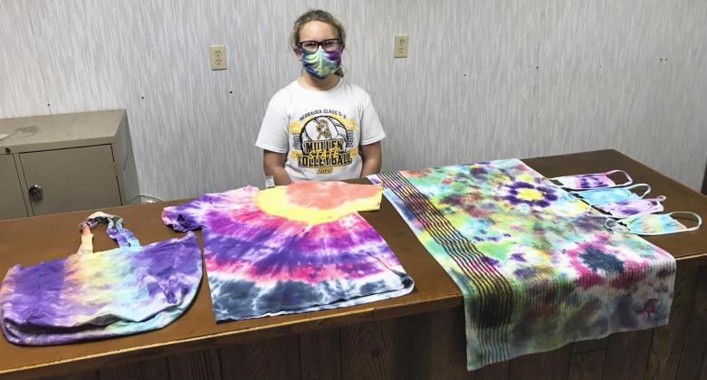 Totes, t-shirts, towels and masks - just a sampling of what Riley Hegland can tie-dye. Gerri Peterson
