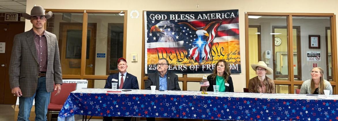 Candidates attending the forum in Mullen are pictured l-r: David Huebner, Scott Peterson, Mike Jacobson, Elizabeth Tegtmeier, Shaylee Scranton, Sheila Focken. Judy White