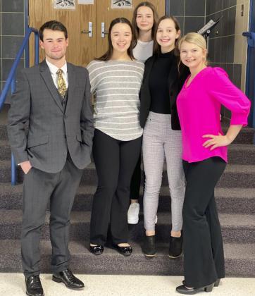 The Mullen High School Speech team has begun competing. They are pictured l-r: senior Samuel Coble - Extemporaneous, Informative, Duet; freshman Mercedes Garner - Humorous Prose; freshman Maggie Haesler - Entertainment Speaking, Poetry; sophomore Ashlyn Simonson - Persuasive, Humorous Prose; senior Faith Miller - Persuasive, Duet. Megan Andersen