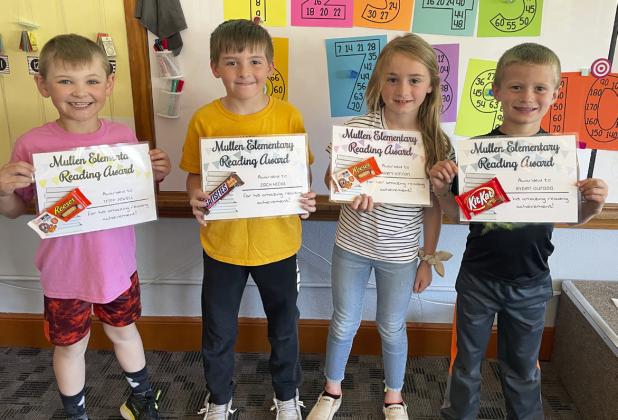 Students receiving reading awards at the elementary this year are pictured l-r: Tripp Jewell, Zach Hicks, Avery Vinton and Ryden Ourada for reaching their 100 book goal in the 2nd grade classroom. 4th grader Weston Ourada (not pictured) received an award for reaching 100 points in Accelerated Reader. Great job elementary students! Beth Rice