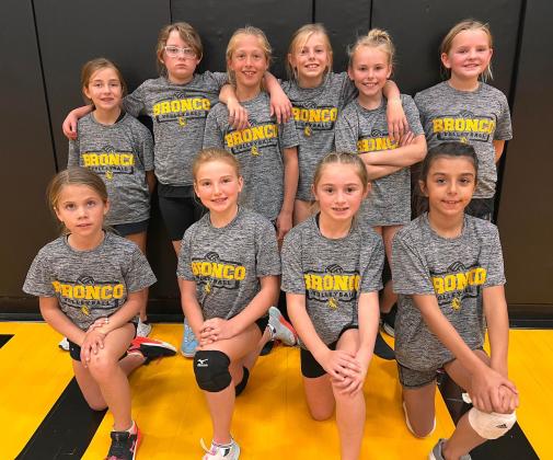 3rd/4th grade Mullen youth volleyball team, pictured back l-r: Lillian Ericksen, Taylor Cash, Emri Dent, Kendall Phipps, Ayden Lee, Ella Walz. Front: Abbigail Mundorf, Elle Gracey, Avery Vinton, Mia Roman. Not pictured: Finley Mundorf.