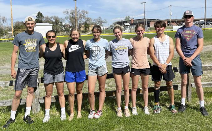 State Track qualifiers, l-r: Clayton Moore, Callie Coble, Taylor Svoboda, Medora DeNaeyer, Peyton Paxton, Alli Loughran, Trevor Kuncl, Chase Gracey. Jennifer Moore