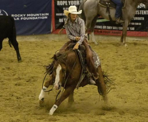 Whitney Jennings in girls cutting and Spencer DeNaeyer in bareback riding action at the National High School Finals Rodeo in Gillette, Wyoming. Hayden Jennings